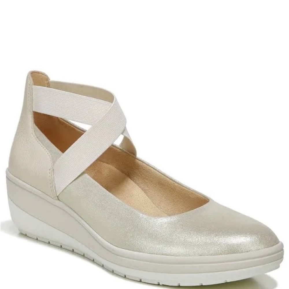 Vionic Metallic Ivory Cross-Strap Wedge Flats